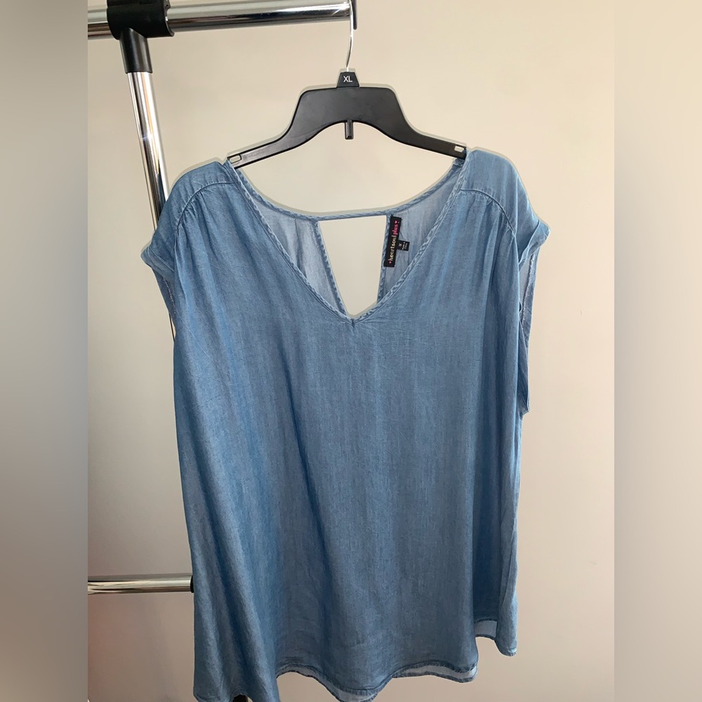 HeartSoul Denim Blue V-Neck Blouse with back cutout